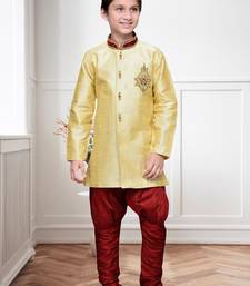 Gold  Art Silk Kids Kurta Pyjama For Boys