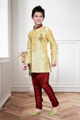 Gold  Art Silk Kids Kurta Pyjama For Boys 3