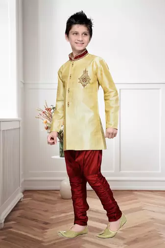 Gold  Art Silk Kids Kurta Pyjama For Boys