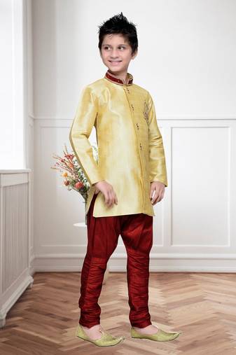 Gold  Art Silk Kids Kurta Pyjama For Boys