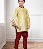 Gold  Art Silk Kids Kurta Pyjama For Boys