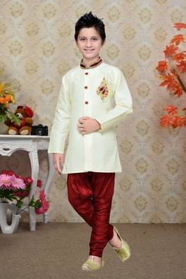 Cream Art Silk Kids Kurta Pyjama For Boys 2