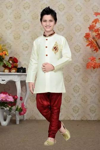 Cream Art Silk Kids Kurta Pyjama For Boys