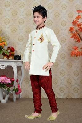 Cream Art Silk Kids Kurta Pyjama For Boys 3