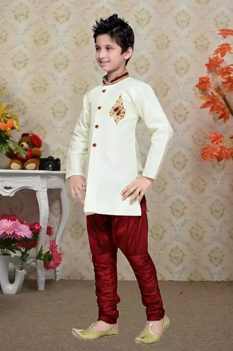 Cream Art Silk Kids Kurta Pyjama For Boys