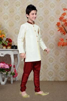 Cream Art Silk Kids Kurta Pyjama For Boys 1