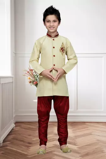 Gold Art Silk Kids Kurta Pyjama For Boys