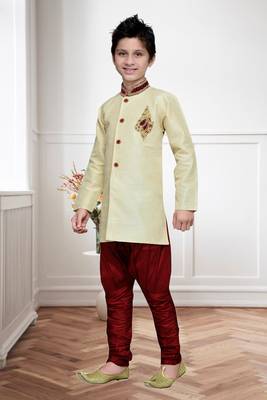 Gold Art Silk Kids Kurta Pyjama For Boys 3