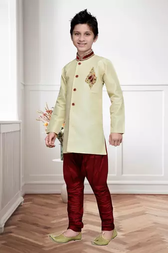 Gold Art Silk Kids Kurta Pyjama For Boys