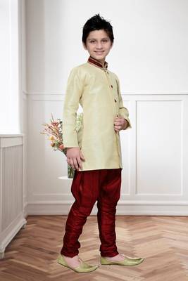 Gold Art Silk Kids Kurta Pyjama For Boys 1