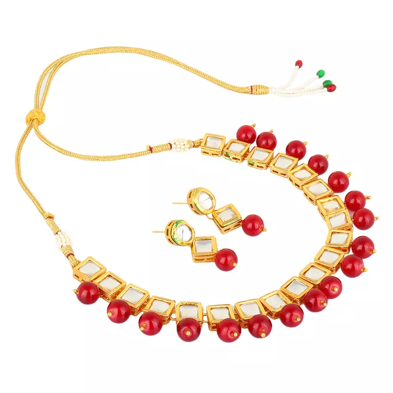 Fashion Jewellery Gold Plated Kundan Onyx Necklace Set for Women Traditional Wedding
