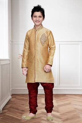 Gold Art Silk Kids Kurta Pyjama For Boys 2