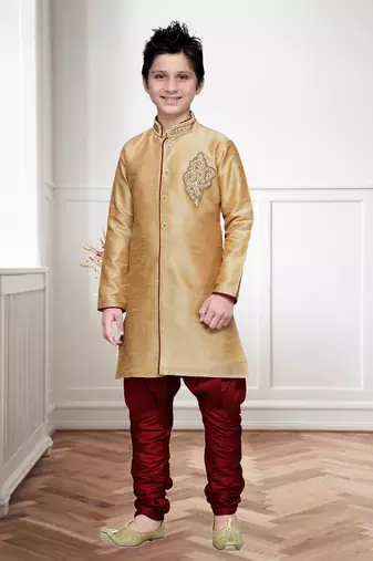 Gold Art Silk Kids Kurta Pyjama For Boys