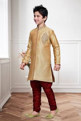 Gold Art Silk Kids Kurta Pyjama For Boys 3