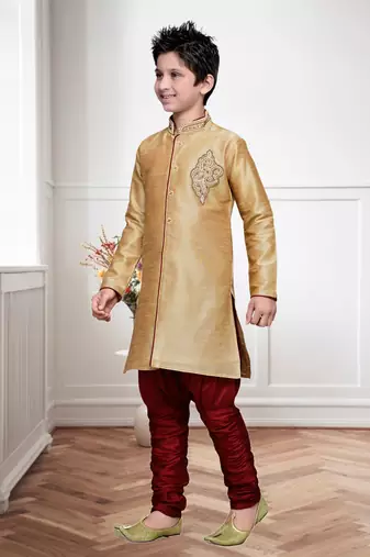 Gold Art Silk Kids Kurta Pyjama For Boys
