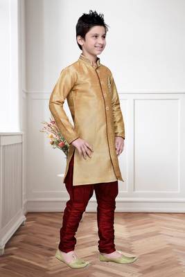 Gold Art Silk Kids Kurta Pyjama For Boys 1