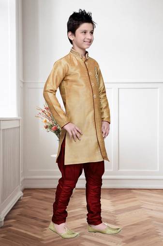 Gold Art Silk Kids Kurta Pyjama For Boys