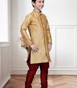 Gold Art Silk Kids Kurta Pyjama For Boys