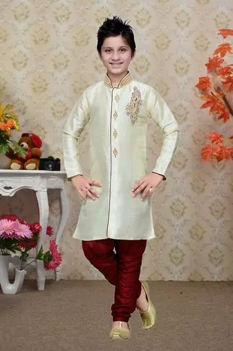 Cream Art Silk Kids Kurta Pyjama For Boys