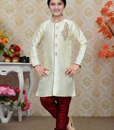 Cream Art Silk Kids Kurta Pyjama For Boys