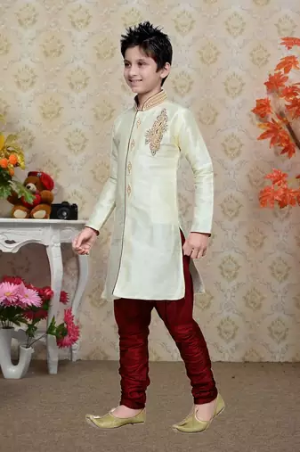 Cream Art Silk Kids Kurta Pyjama For Boys