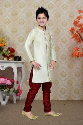 Cream Art Silk Kids Kurta Pyjama For Boys 1