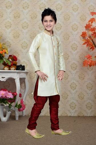 Cream Art Silk Kids Kurta Pyjama For Boys