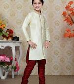 Cream Art Silk Kids Kurta Pyjama For Boys