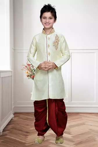 Cream Art Silk Kids Kurta Pyjama For Boys