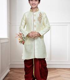 Cream Art Silk Kids Kurta Pyjama For Boys