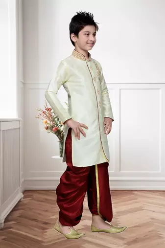 Cream Art Silk Kids Kurta Pyjama For Boys