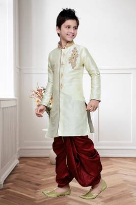 Cream Art Silk Kids Kurta Pyjama For Boys 1