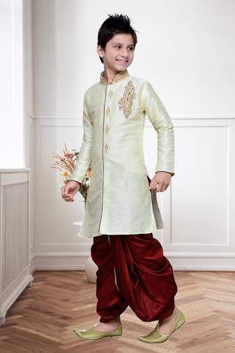 Cream Art Silk Kids Kurta Pyjama For Boys
