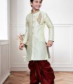 Cream Art Silk Kids Kurta Pyjama For Boys