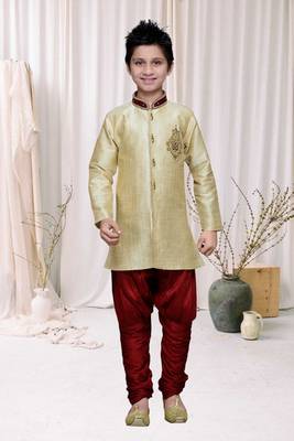 Gold Art Silk Kids Kurta Pyjama For Boys 2