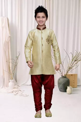 Gold Art Silk Kids Kurta Pyjama For Boys