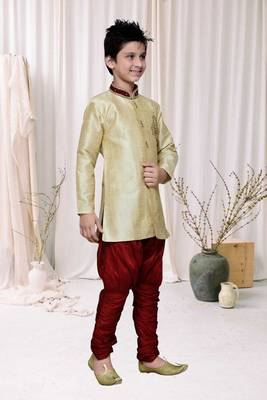 Gold Art Silk Kids Kurta Pyjama For Boys 3