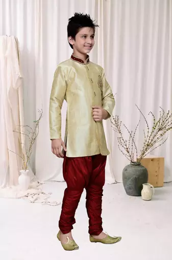 Gold Art Silk Kids Kurta Pyjama For Boys