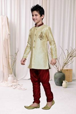 Gold Art Silk Kids Kurta Pyjama For Boys 1