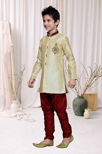 Gold Art Silk Kids Kurta Pyjama For Boys