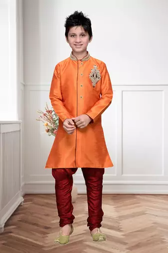 Orange Art Silk Kids Kurta Pyjama For Boys