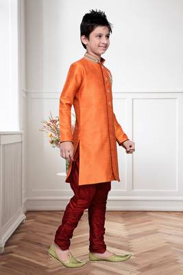 Orange Art Silk Kids Kurta Pyjama For Boys 3