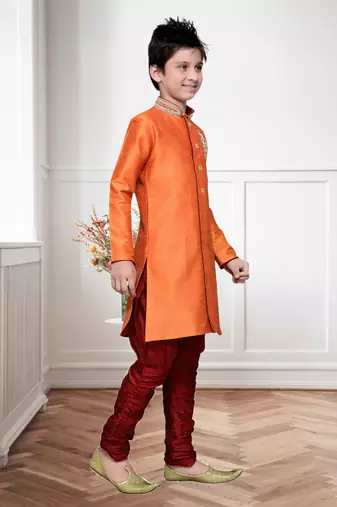 Orange Art Silk Kids Kurta Pyjama For Boys