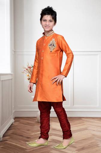 Orange Art Silk Kids Kurta Pyjama For Boys
