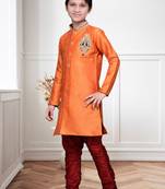 Orange Art Silk Kids Kurta Pyjama For Boys