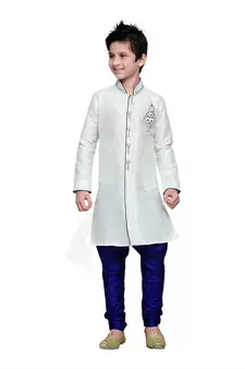 White Art Silk Kids Kurta Pyjama For Boys