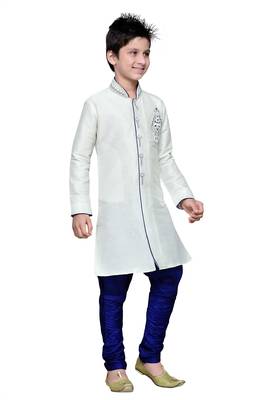 White Art Silk Kids Kurta Pyjama For Boys 1