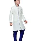 White Art Silk Kids Kurta Pyjama For Boys