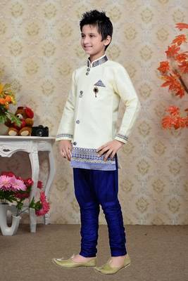 White Art Silk Kids Kurta Pyjama For Boys 3