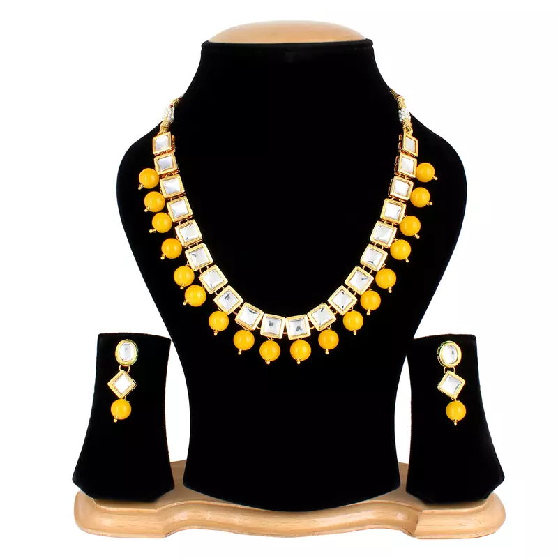 Fashion Jewellery Gold Plated Kundan Onyx Necklace Set for Women Traditional Wedding